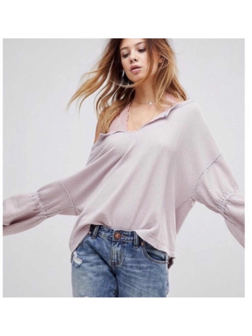 We The Free Lilac Waffle Knit Off-Shoulder Top